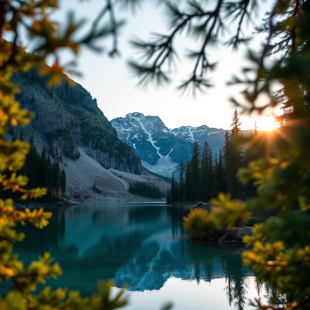 a serene mountain lake at sunrise surrounded by pine forests, soft natural light, shallow depth of field, bokeh