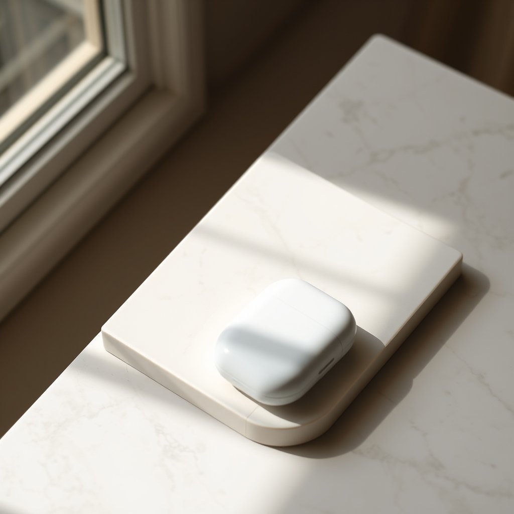 Premium minimalist product photography — a sleek wireless accessory on matte marble surface, soft natural lighting from the left, subtle shadows, clean composition, pastel beige and white tones, elegant studio quality, no text, no people, moody lighting, high contrast, fine art photography