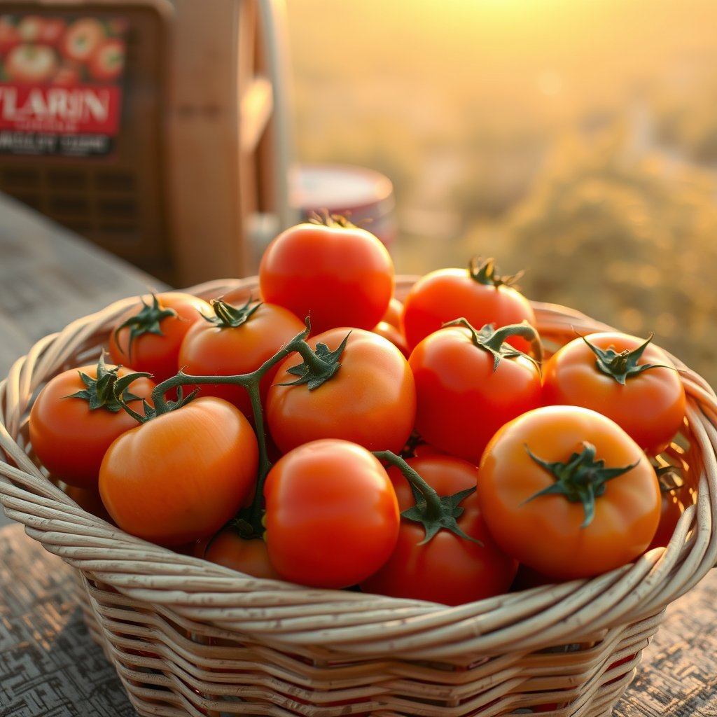 image of a dozen of tomatoes in a basket, golden hour lighting, warm tones, atmospheric