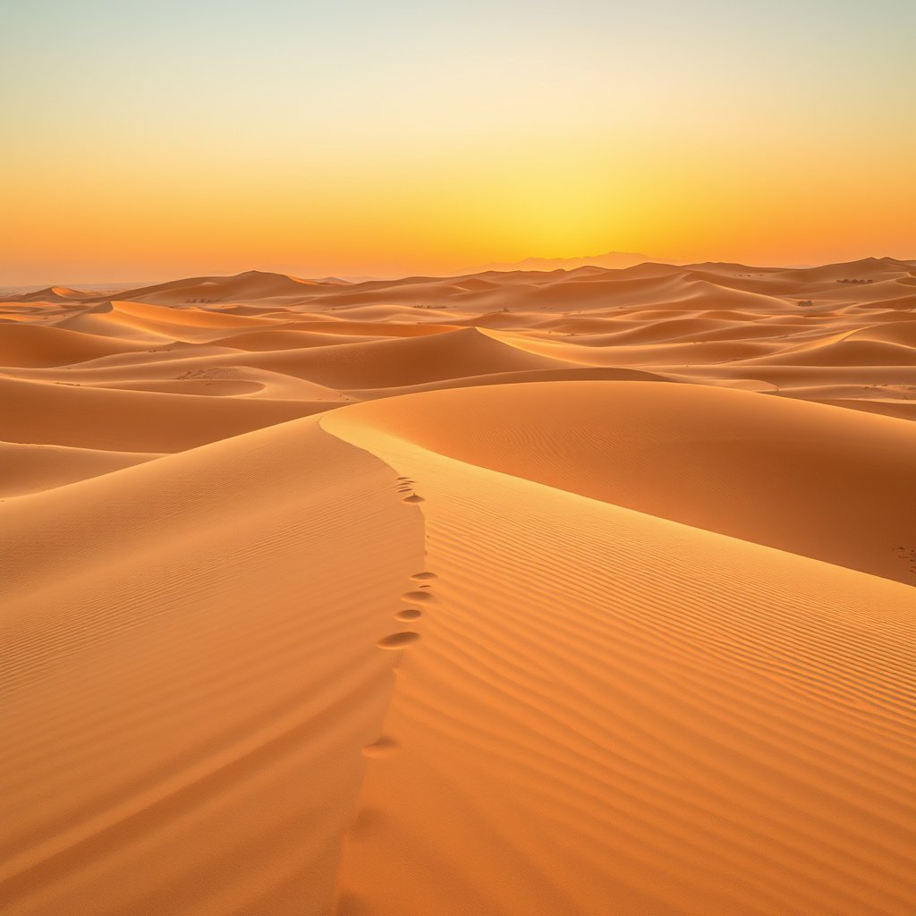 a desert landscape with sand dunes at golden hour, highly detailed, 8k, professional photography, sharp focus