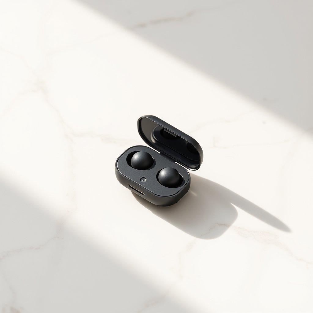 Premium minimalist product photography — a sleek wireless accessory on matte marble surface, soft natural lighting from the left, subtle shadows, clean composition, pastel beige and white tones, elegant studio quality, no text, no people, ultra realistic, crisp details, studio quality
