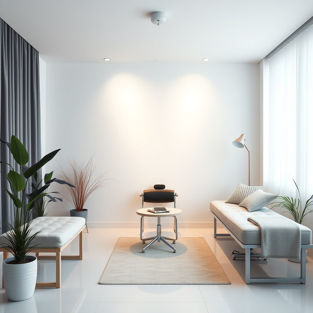 a therapy room with a good coach, minimalist composition, clean background, elegant