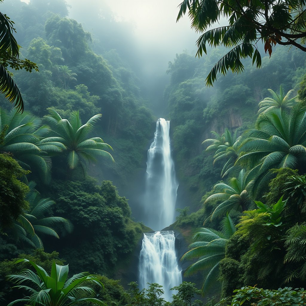 a lush tropical rainforest with a waterfall and mist, minimalist composition, clean background, elegant