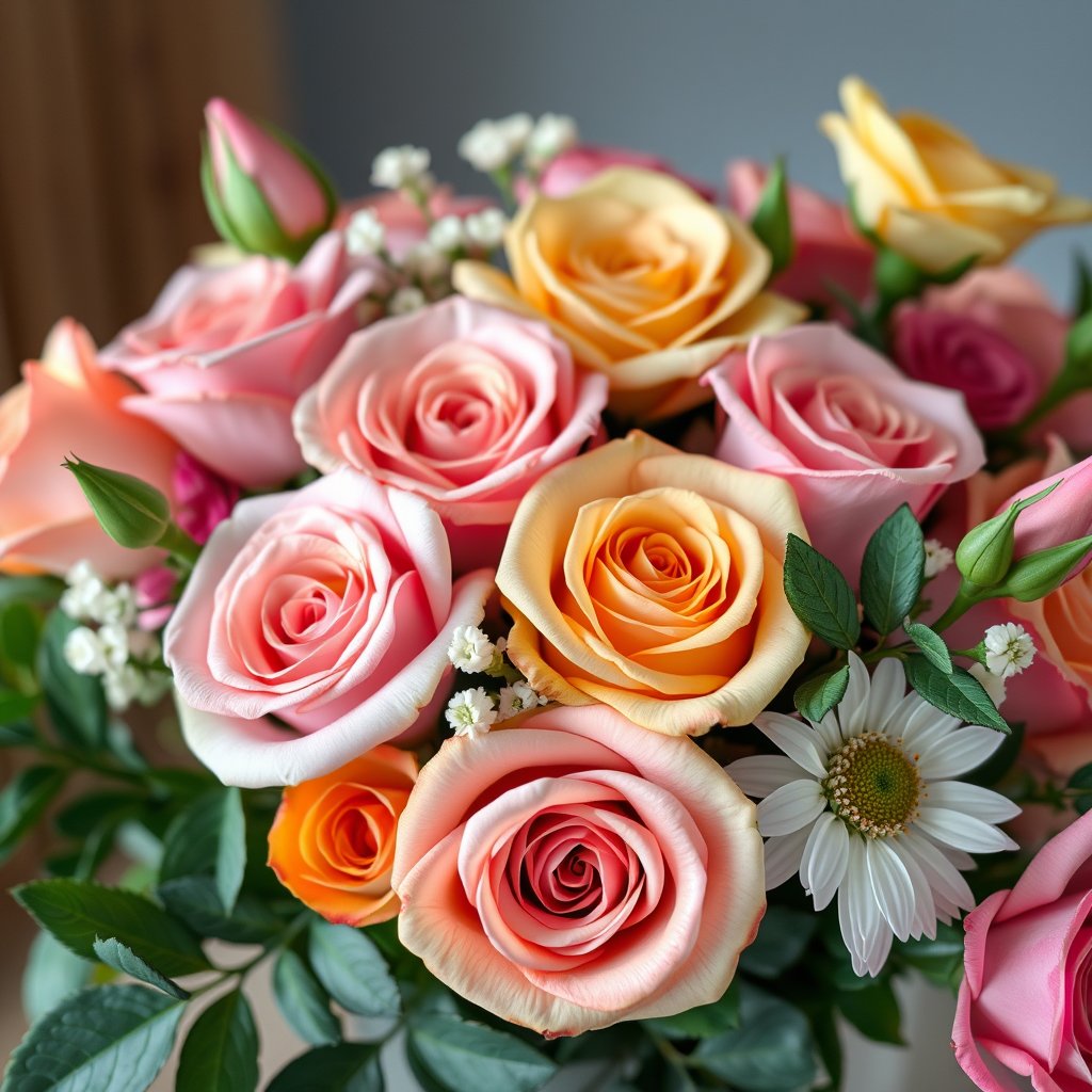 nature fresh bouquet flowers roses arrangement, highly detailed, 8k, professional photography, sharp focus