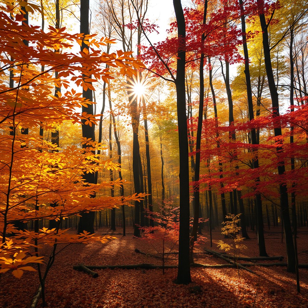 autumn forest with golden and red leaves, sun rays through trees, bright and airy, pastel tones, dreamy aesthetic
