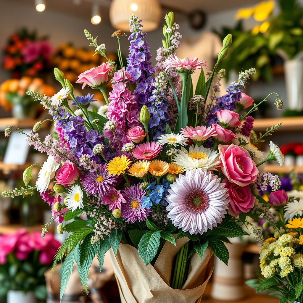 nature flower shop store bouquet display, ultra realistic, crisp details, studio quality