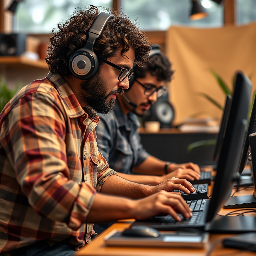 "Programadores trabajando, ambiente natural", ultra realistic, crisp details, studio quality