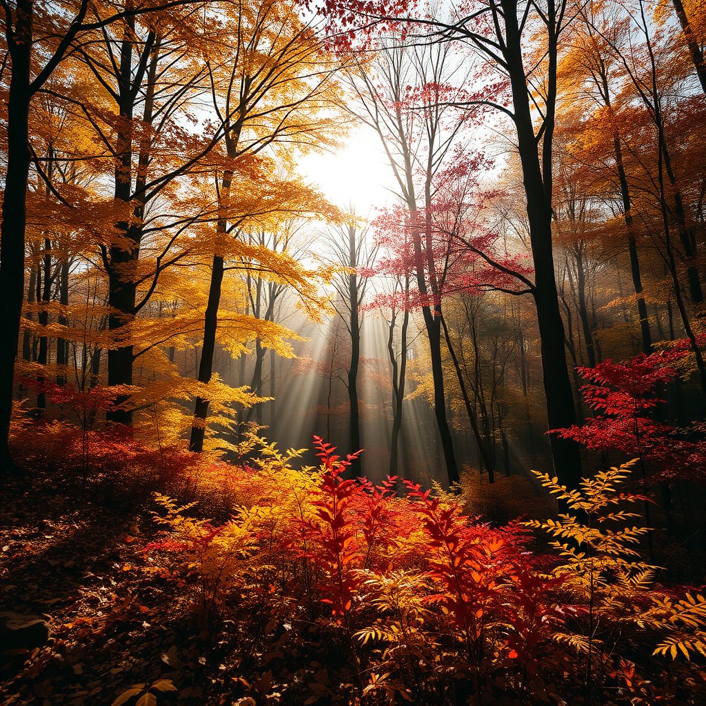 autumn forest with golden and red leaves, sun rays through trees, cinematic lighting, vibrant colors, dramatic atmosphere