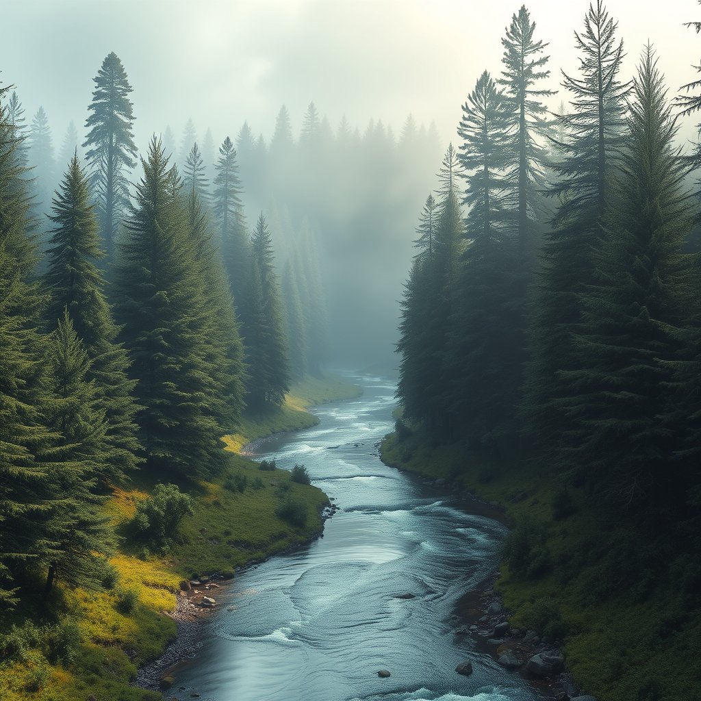 a misty pine forest with a winding river, ultra realistic, crisp details, studio quality