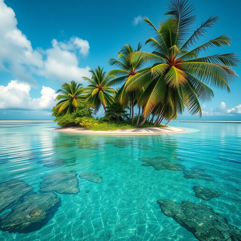 a tropical island with palm trees and clear lagoon, highly detailed, 8k, professional photography, sharp focus