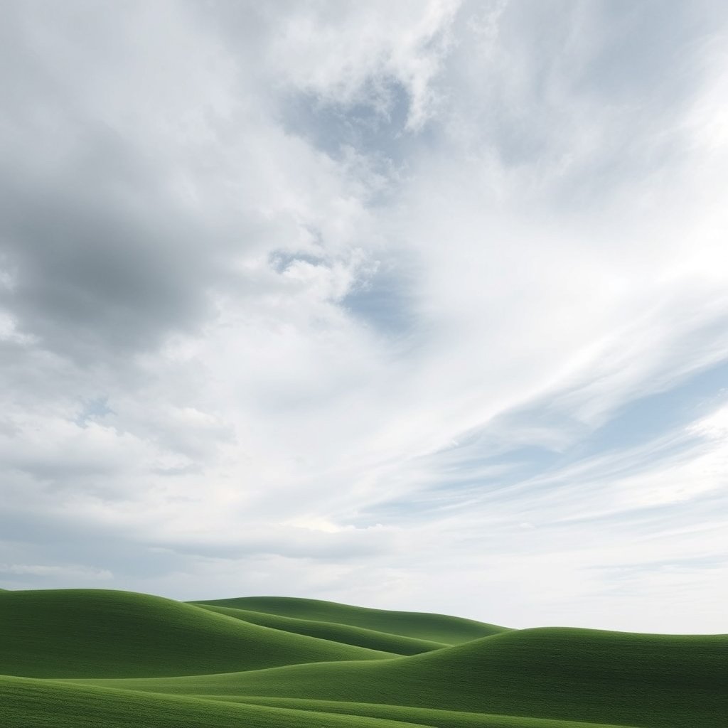 rolling green hills under a dramatic cloudy sky, minimalist composition, clean background, elegant