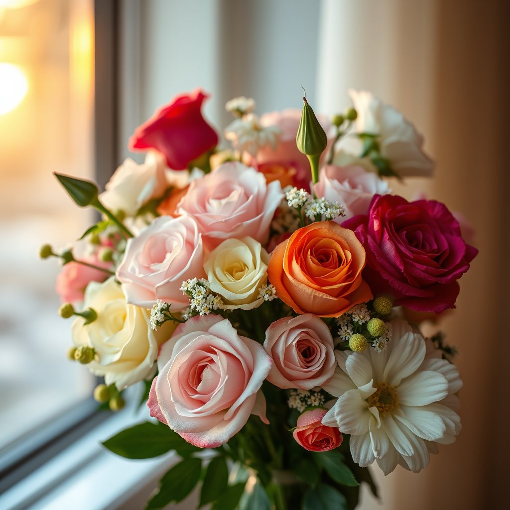 nature fresh bouquet flowers roses arrangement, golden hour lighting, warm tones, atmospheric