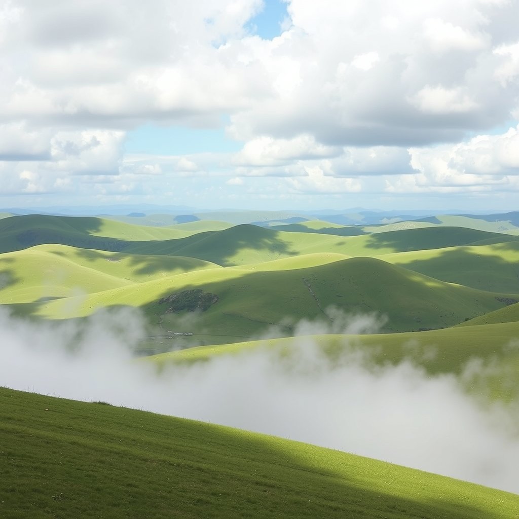rolling green hills under a dramatic cloudy sky, bright and airy, pastel tones, dreamy aesthetic