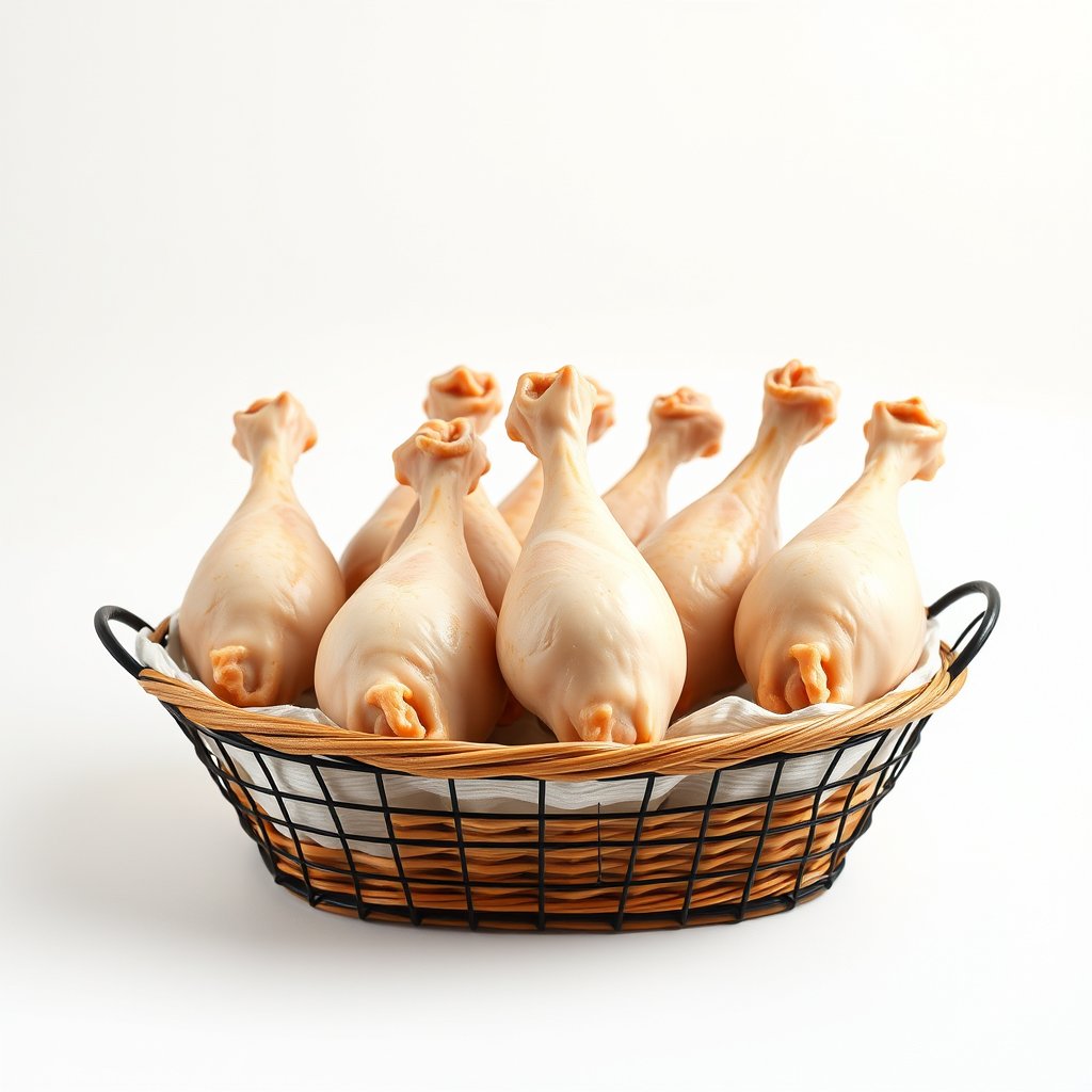 image of a dozen of chicken legs in a basket, minimalist composition, clean background, elegant