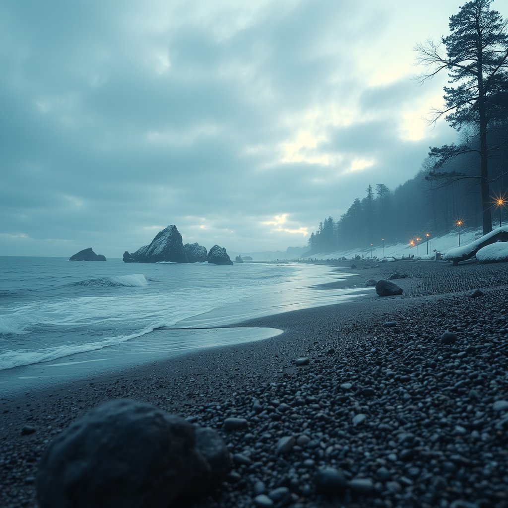 imagen que represente el invierno en la playa, highly detailed, 8k, professional photography, sharp focus
