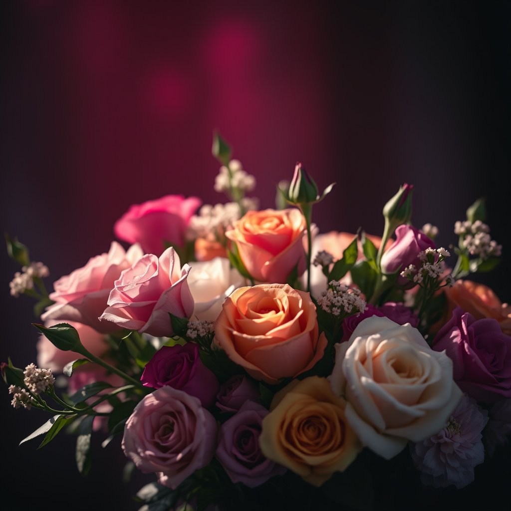 nature fresh bouquet flowers roses arrangement, cinematic lighting, vibrant colors, dramatic atmosphere