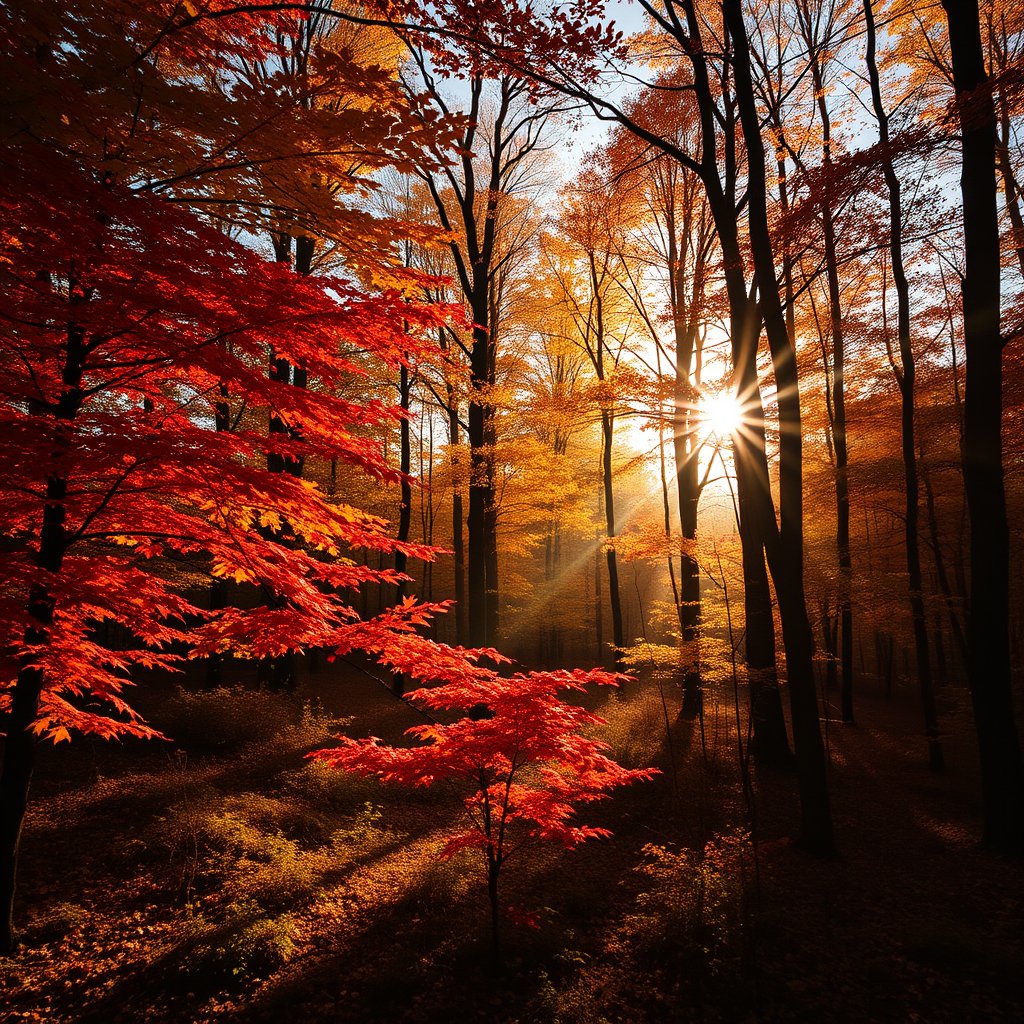 autumn forest with golden and red leaves, sun rays through trees, cinematic lighting, vibrant colors, dramatic atmosphere