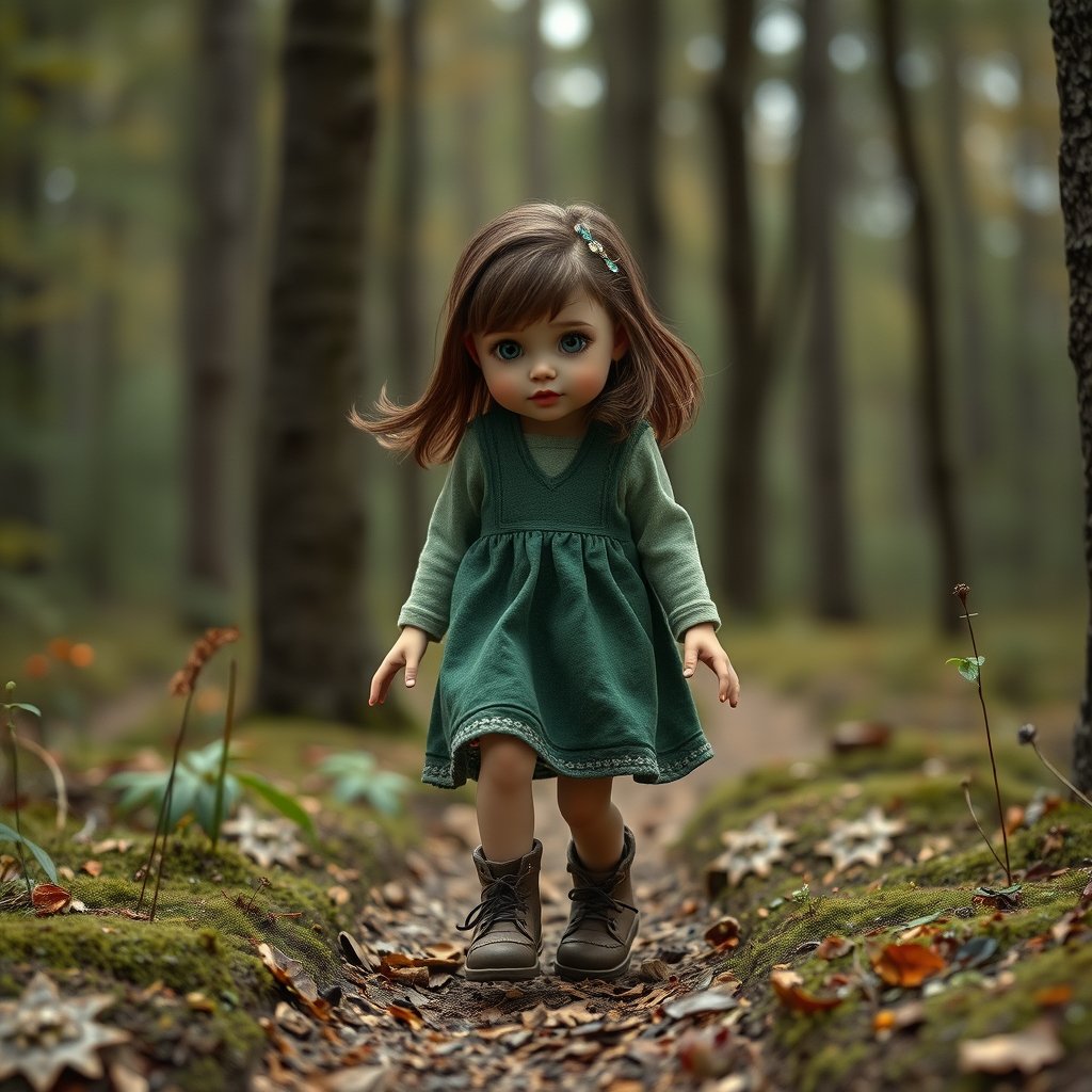 forest in the walking little girl, ultra realistic, crisp details, studio quality