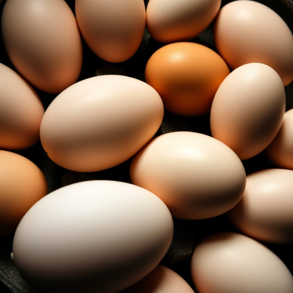 image of a dozen of eggs, moody lighting, high contrast, fine art photography