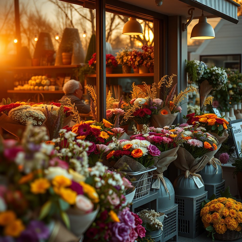 nature flower shop store bouquet display, golden hour lighting, warm tones, atmospheric