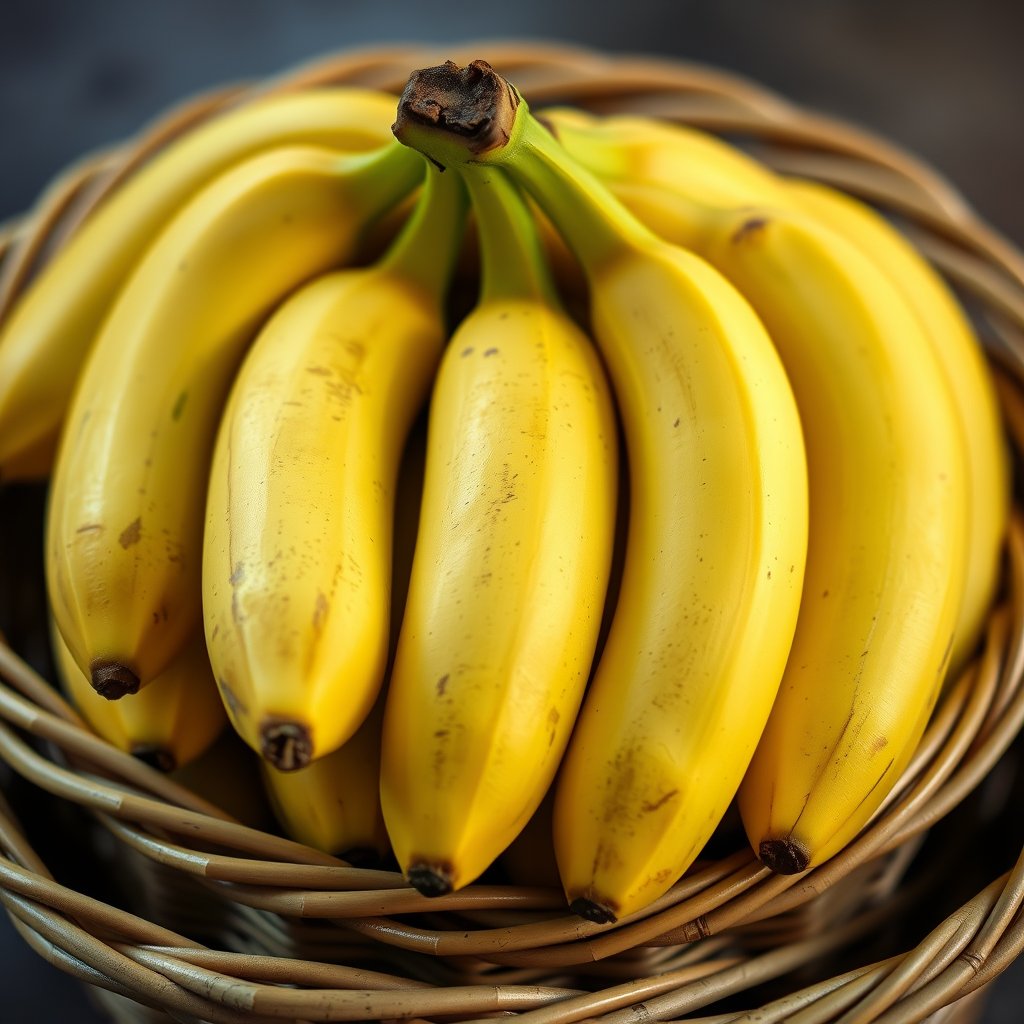 image of a dozen of bananas in a basket, ultra realistic, crisp details, studio quality