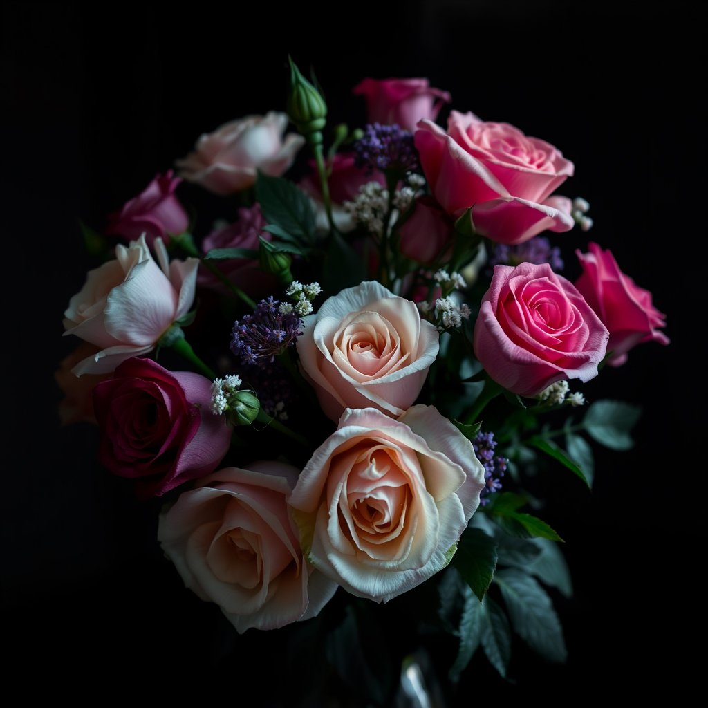 nature fresh bouquet flowers roses arrangement, moody lighting, high contrast, fine art photography