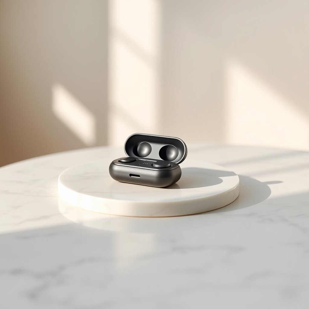 Premium minimalist product photography — a sleek wireless accessory on matte marble surface, soft natural lighting from the left, subtle shadows, clean composition, pastel beige and white tones, elegant studio quality, no text, no people, soft natural light, shallow depth of field, bokeh
