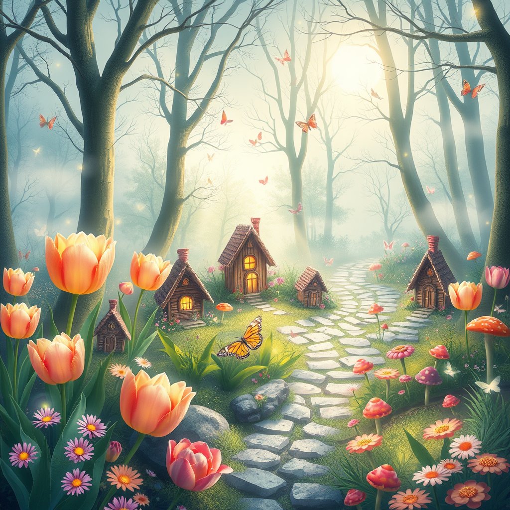An enchanted fairy garden filled with glowing tulips, tiny magical houses, sparkling butterflies, floating lights, mushrooms, soft mist, moonlight filtering through trees, dreamy pastel colors, whimsical fantasy illustration, highly detailed, magical atmosphere, 4K, ultra realistic, crisp details, studio quality