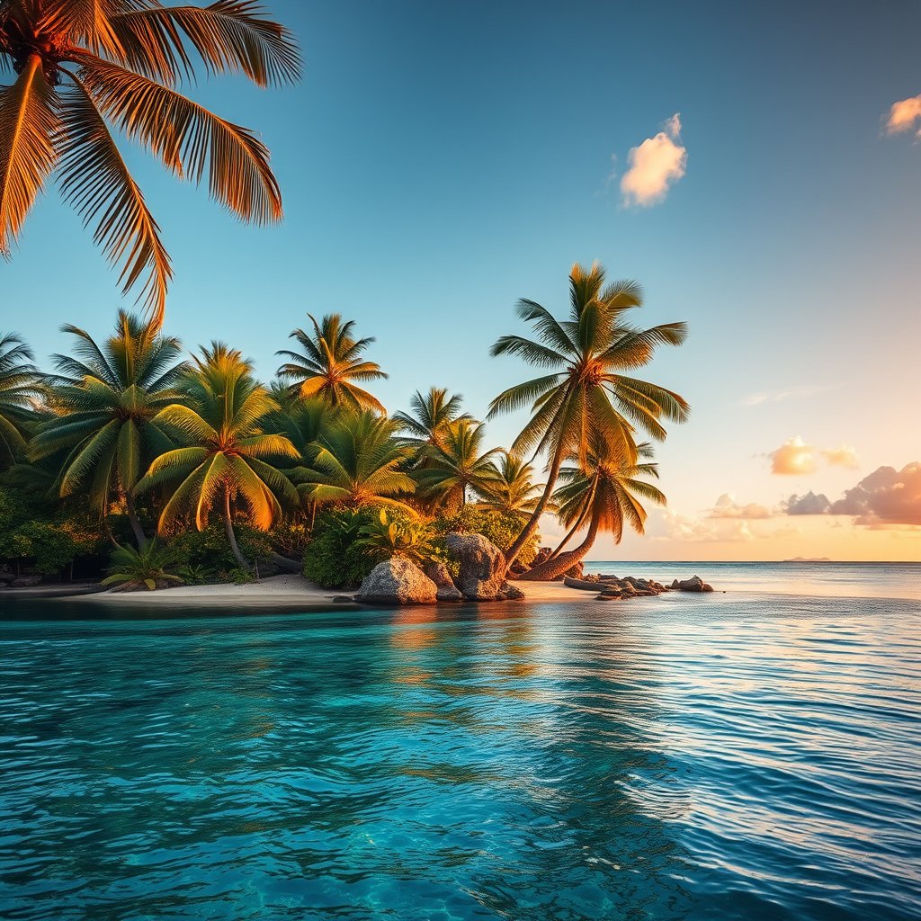 a tropical island with palm trees and clear lagoon, golden hour lighting, warm tones, atmospheric