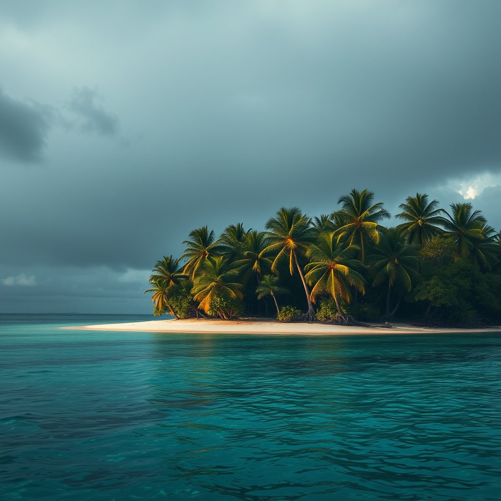 a tropical island with palm trees and clear lagoon, moody lighting, high contrast, fine art photography