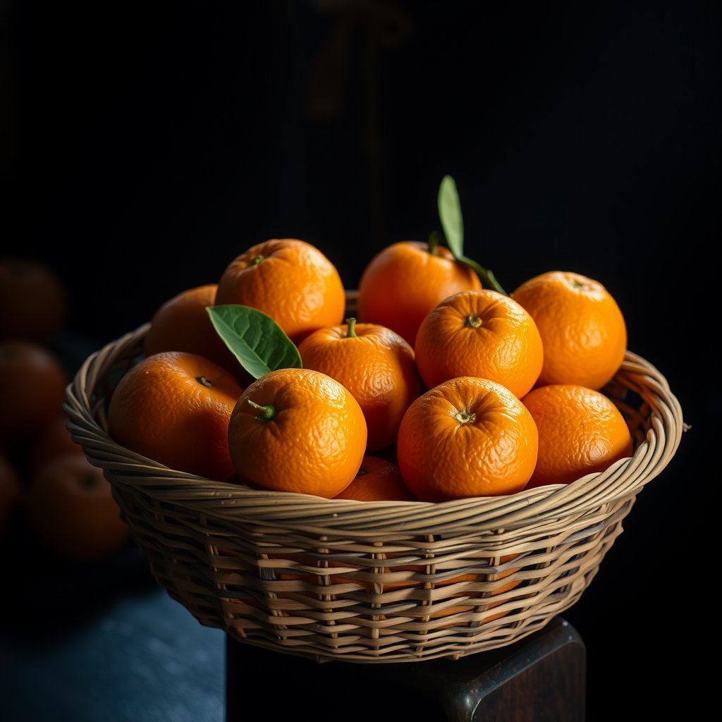 image of a dozen of oranges in a basket, cinematic lighting, vibrant colors, dramatic atmosphere