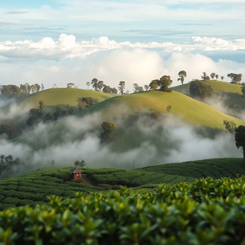 Coorg is a place I want to show tea garden on hills and clouds. clear image, soft natural light, shallow depth of field, bokeh