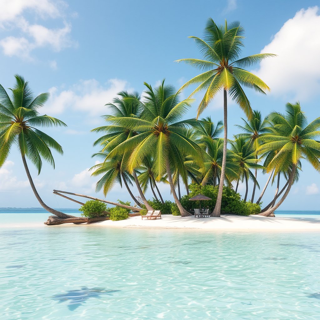 a tropical island with palm trees and clear lagoon, bright and airy, pastel tones, dreamy aesthetic