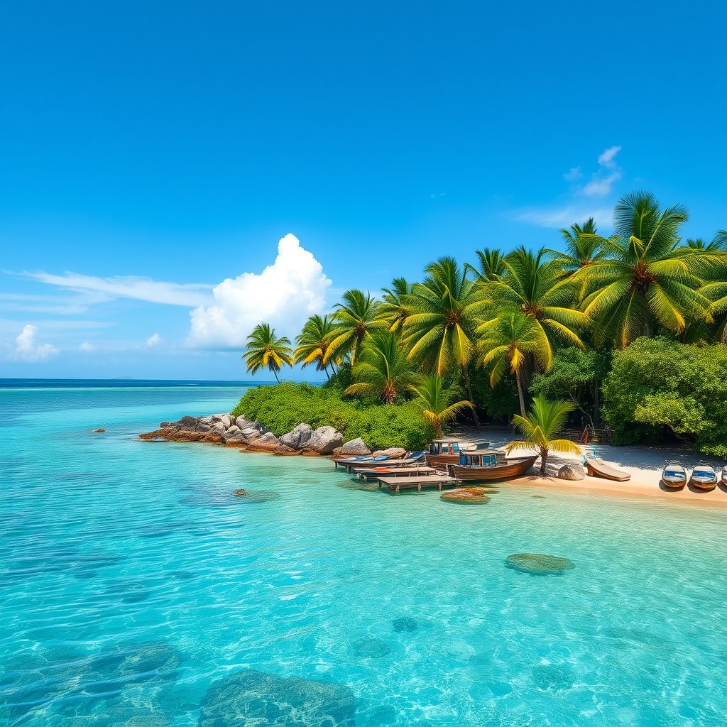 a tropical island with palm trees and clear lagoon, highly detailed, 8k, professional photography, sharp focus