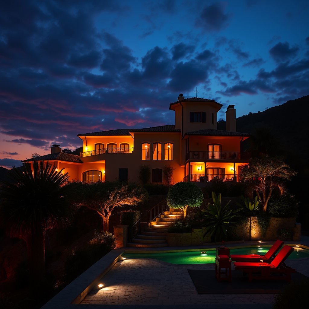 villa-serena, cinematic lighting, vibrant colors, dramatic atmosphere