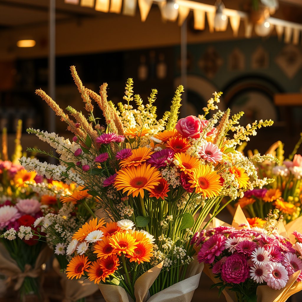 nature flower shop store bouquet display, golden hour lighting, warm tones, atmospheric, ultra realistic, crisp details, studio quality