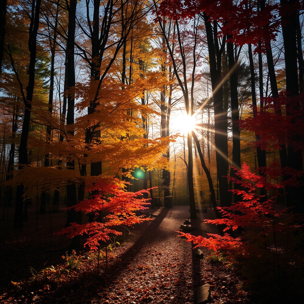 autumn forest with golden and red leaves, sun rays through trees, moody lighting, high contrast, fine art photography