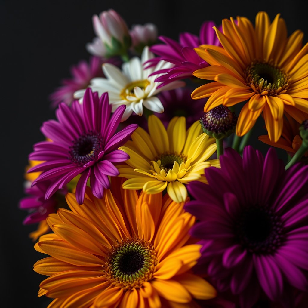 colorful flowers bouquet closeup, moody lighting, high contrast, fine art photography