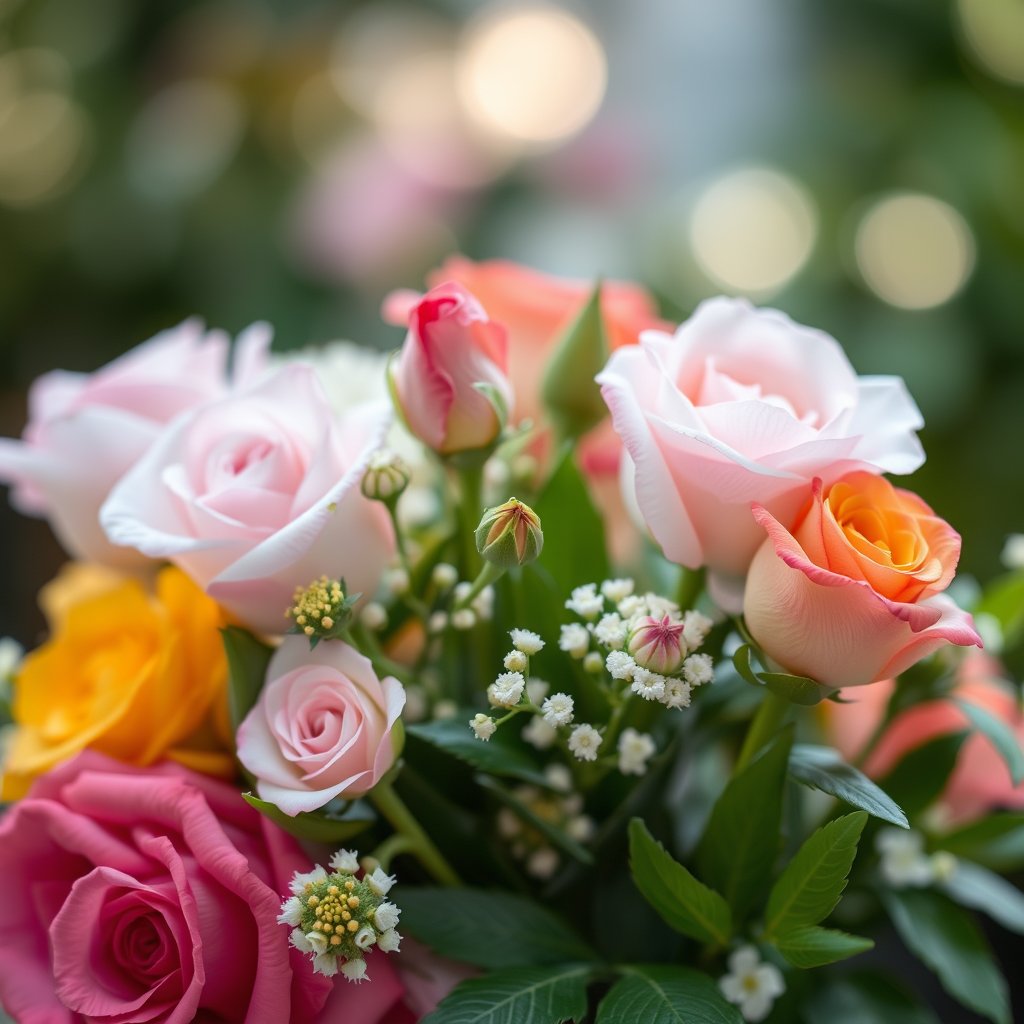 nature fresh bouquet flowers roses arrangement, soft natural light, shallow depth of field, bokeh