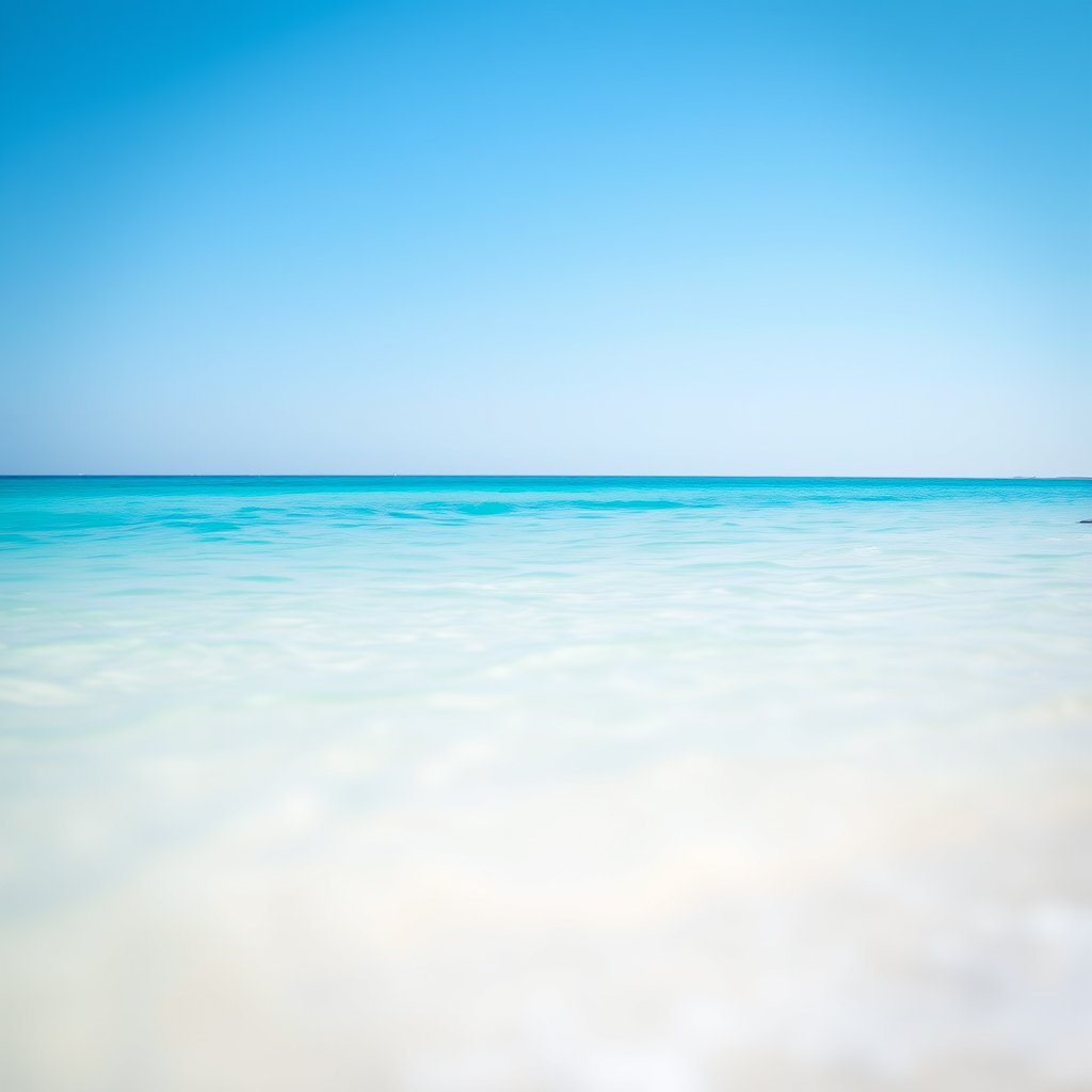 a calm ocean beach with turquoise water and white sand, soft natural light, shallow depth of field, bokeh