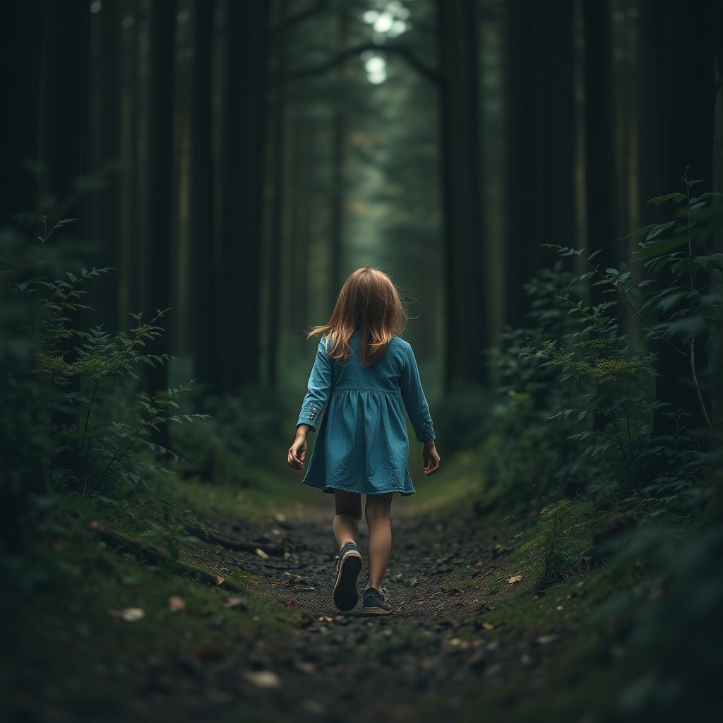 a cute girl walking in the forest , realistic photo, moody lighting, high contrast, fine art photography