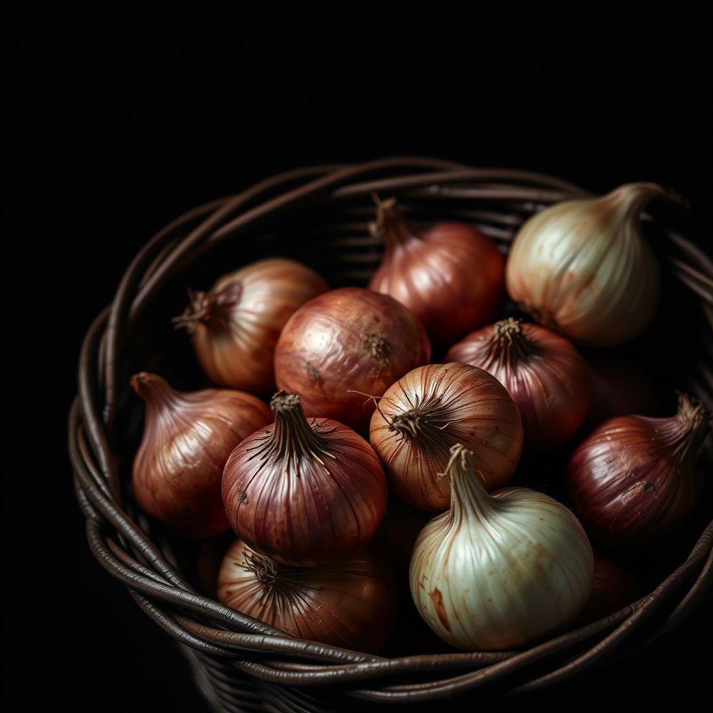 image of a dozen of onions in a basket, moody lighting, high contrast, fine art photography