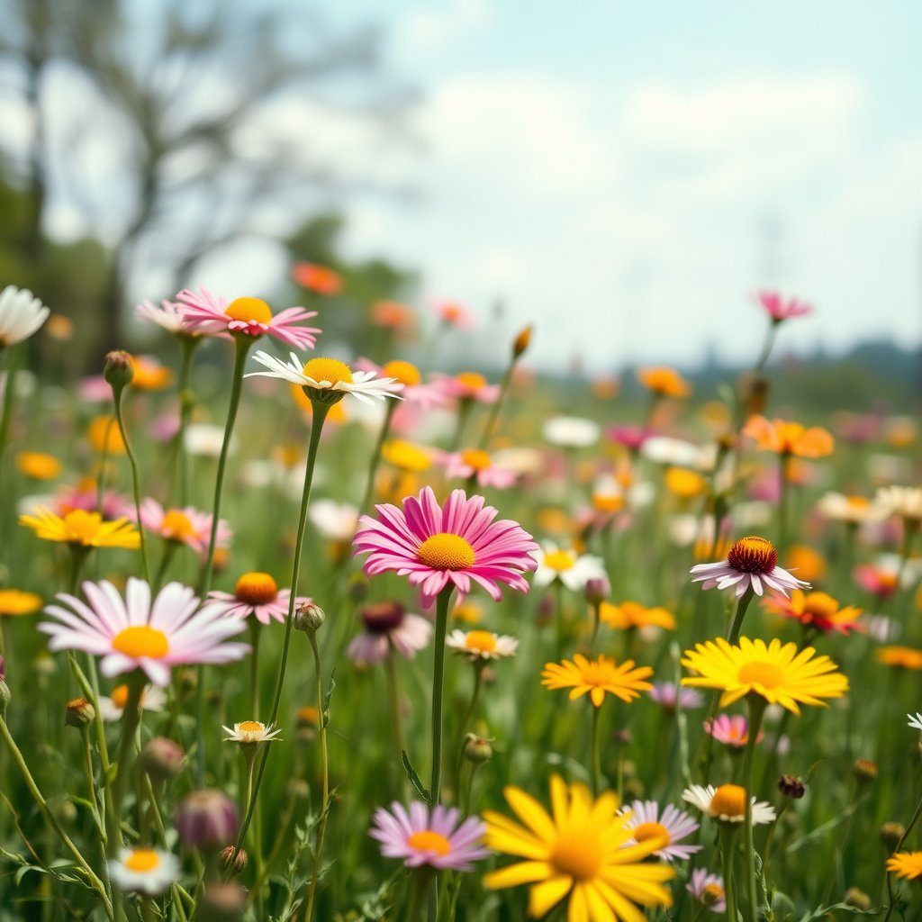 a field of wildflowers in full bloom, meadow at spring, bright and airy, pastel tones, dreamy aesthetic