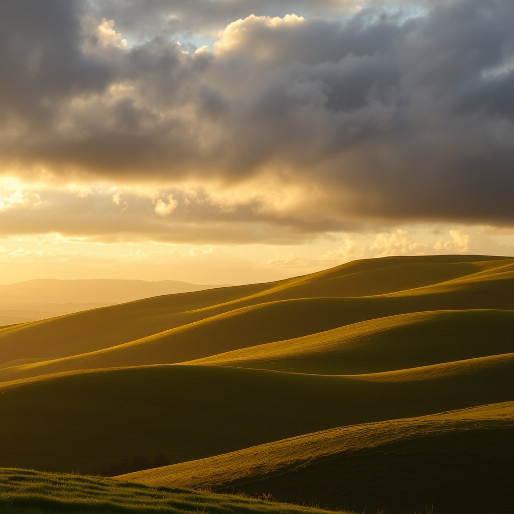 rolling green hills under a dramatic cloudy sky, golden hour lighting, warm tones, atmospheric