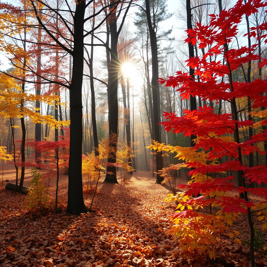autumn forest with golden and red leaves, sun rays through trees, bright and airy, pastel tones, dreamy aesthetic