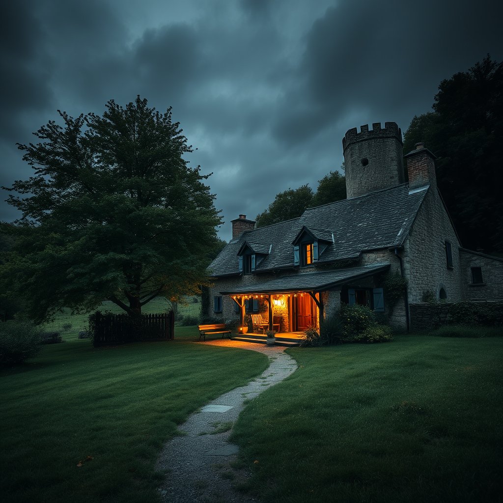 Campagne paisible en france avec gite magnifique pour se reposer loin du quotidien, moody lighting, high contrast, fine art photography