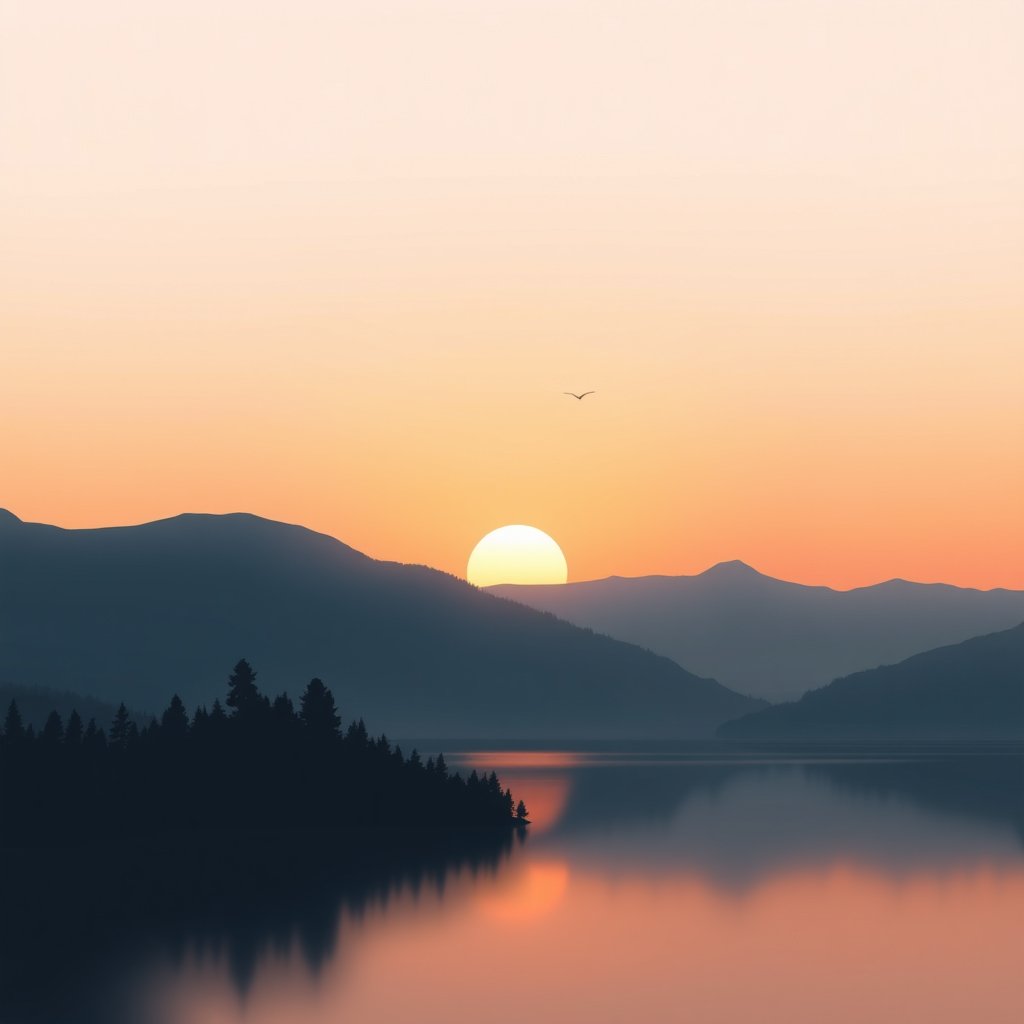 mountain lake sunrise, minimalist composition, clean background, elegant