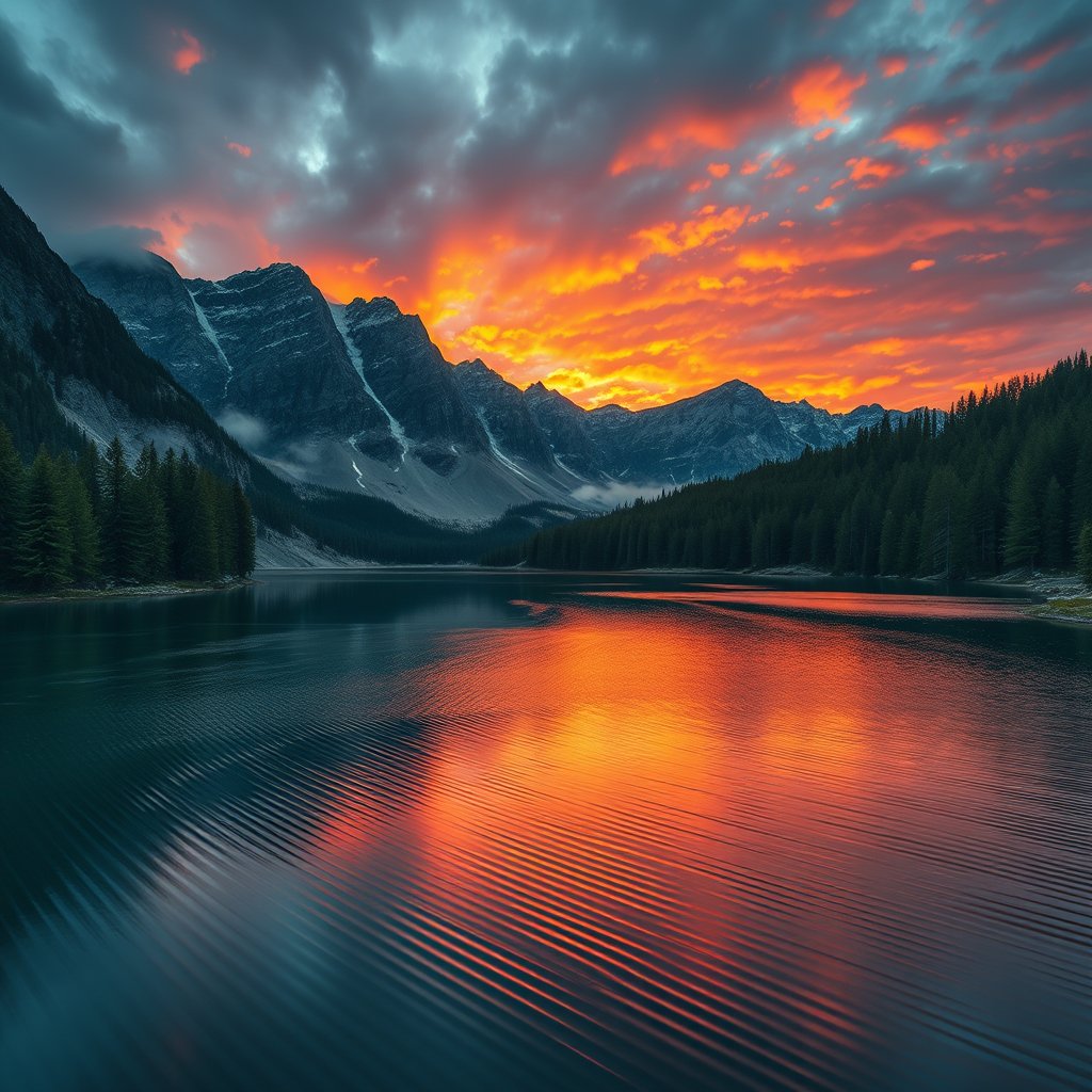 a serene mountain lake at sunrise surrounded by pine forests, cinematic lighting, vibrant colors, dramatic atmosphere