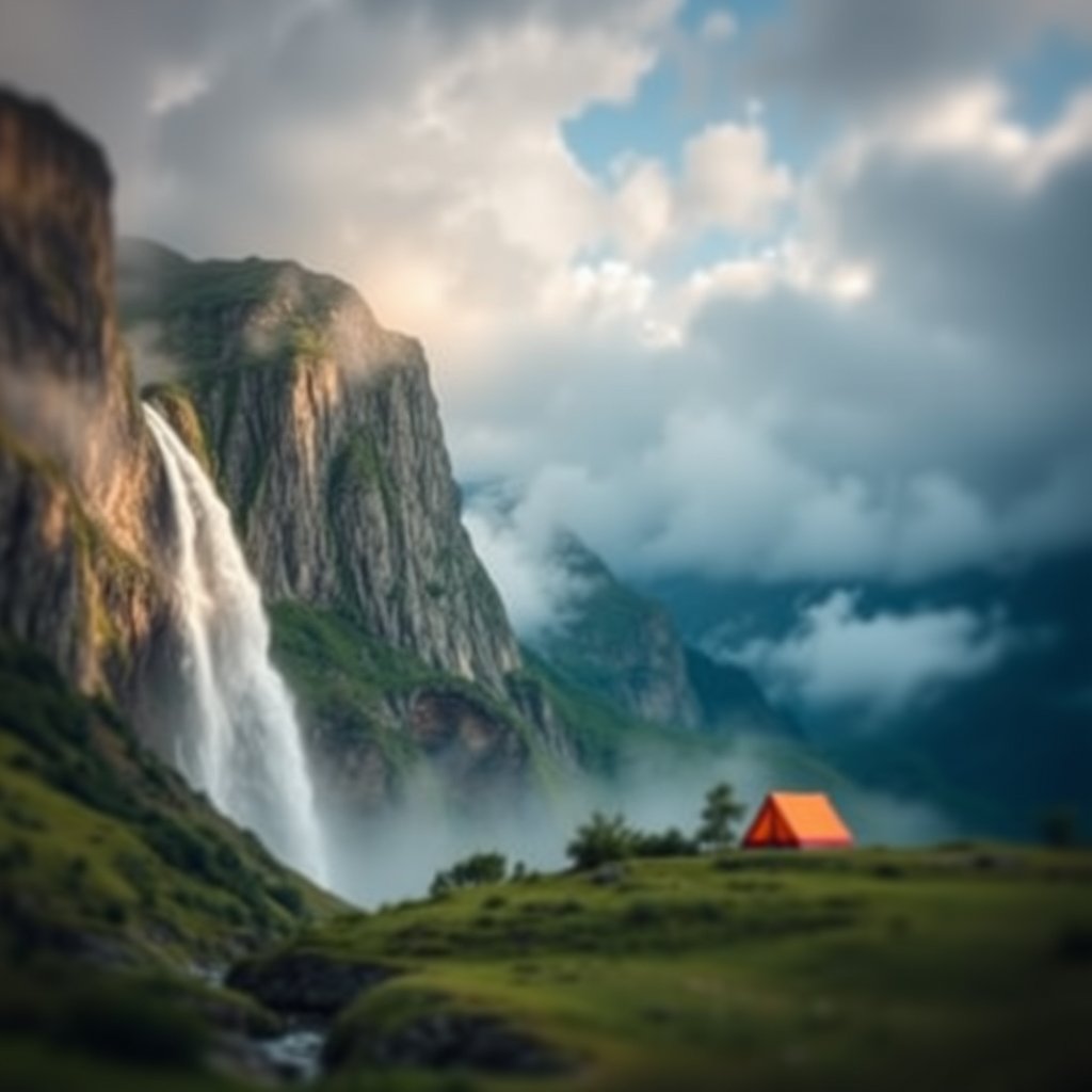 Hills, waterfall clouds and a camp, soft natural light, shallow depth of field, bokeh