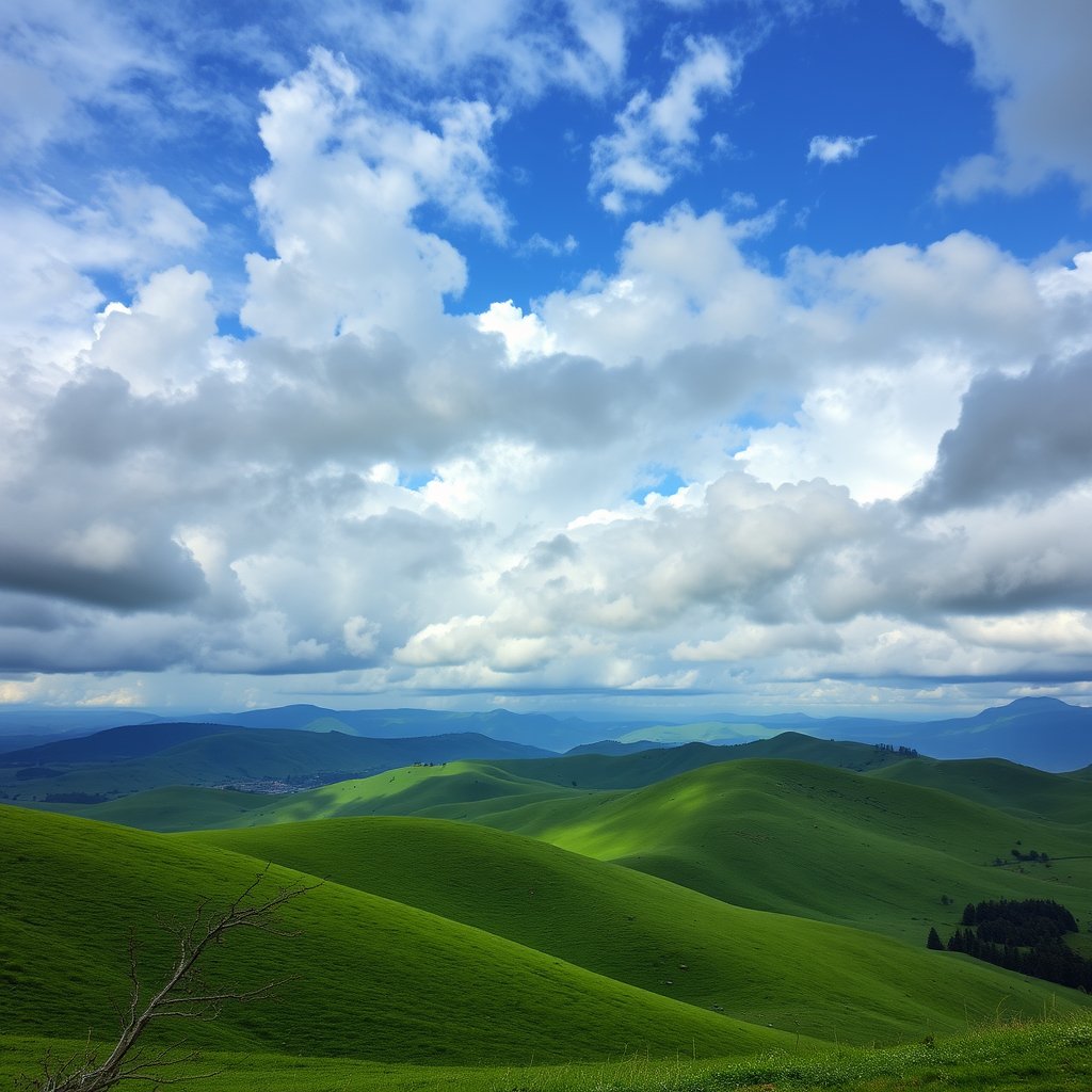 rolling green hills under a dramatic cloudy sky, ultra realistic, crisp details, studio quality